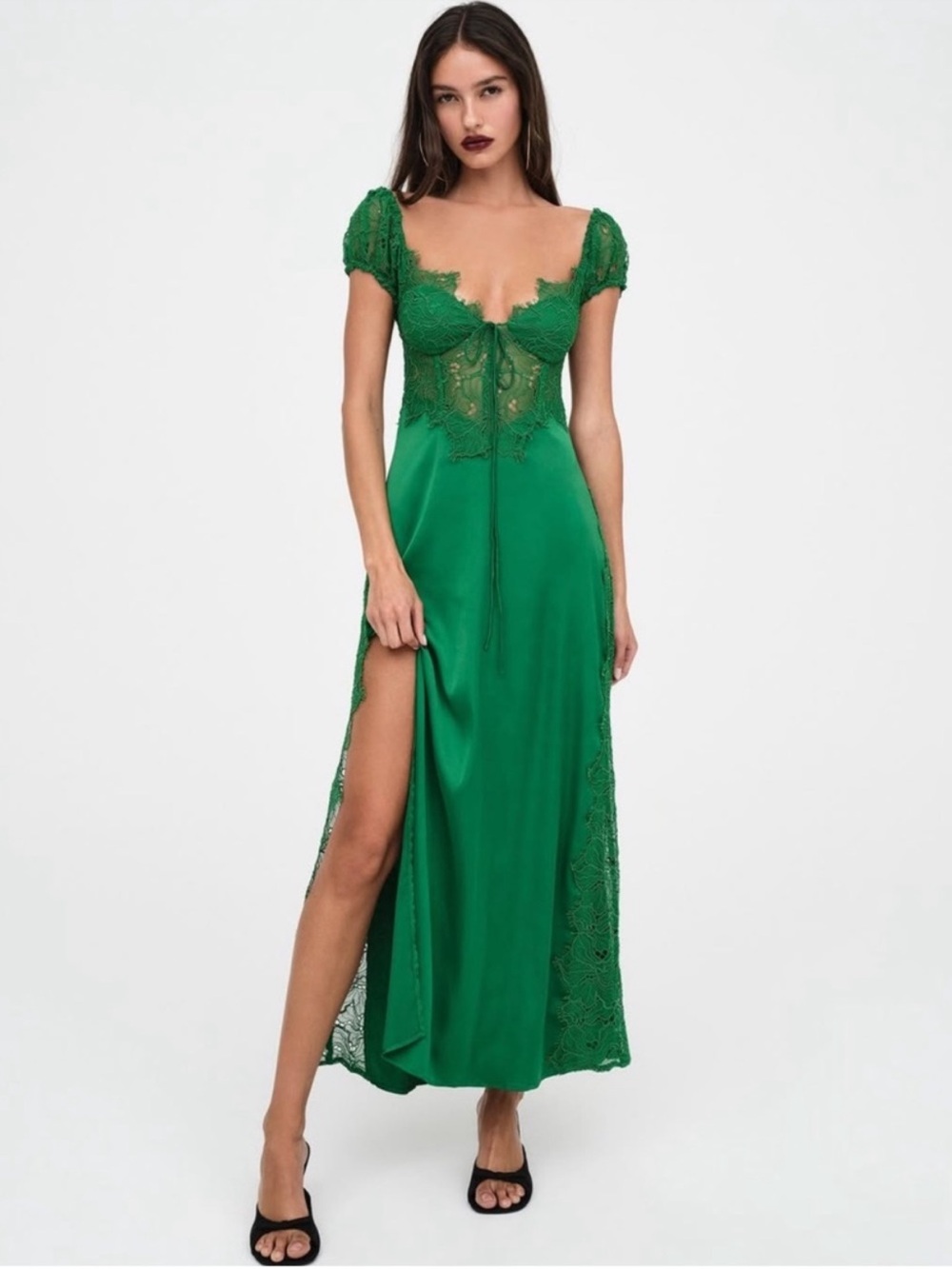 NWT For Love And Lemons Casey Satin Maxi Dress in Green